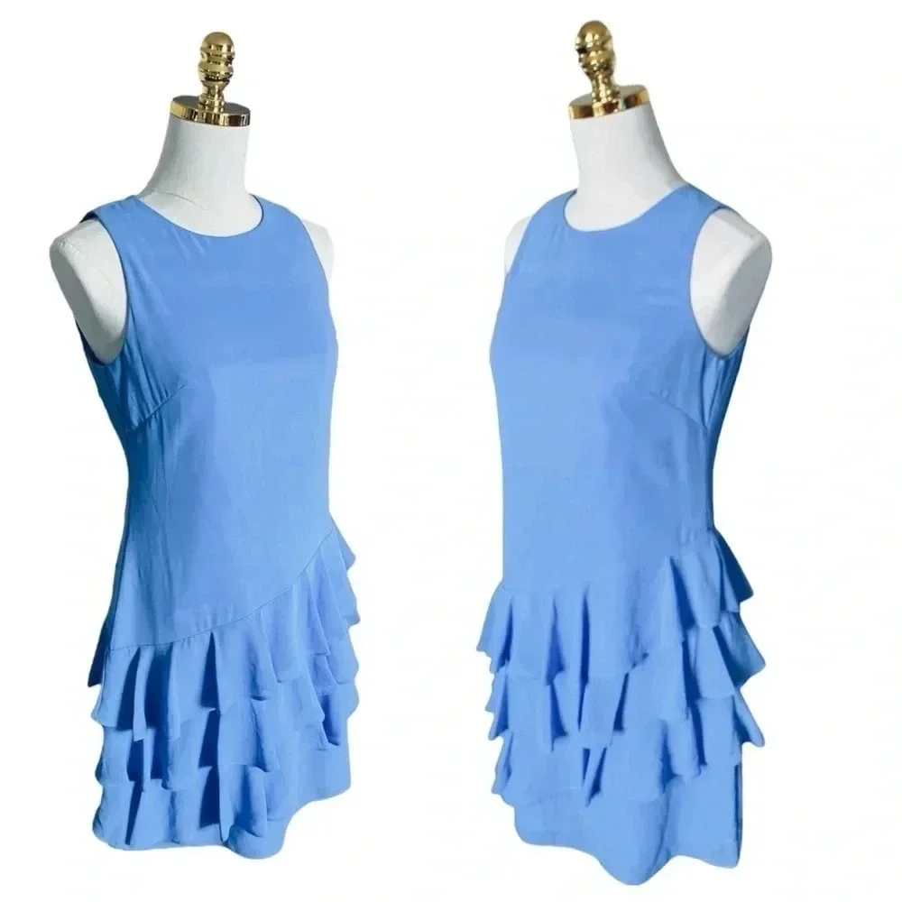 VINCE CAMUTO |Women's Sky Blue Sheer Asymmetric Ruffle Shift Mini Dress Size 2 - Picture 4 of 11